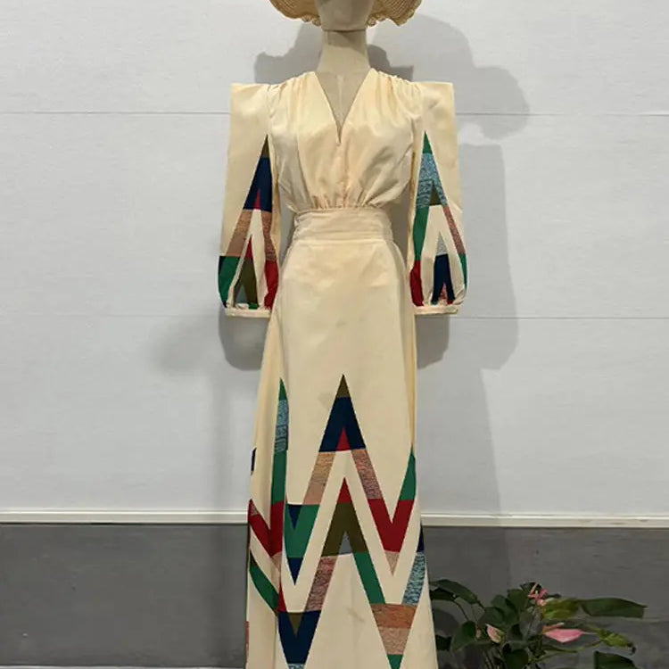 Vintage Printed Pleated Suit Dress Shoulder Pads Puff Sleeve V-neck Top High Waist Skirt Female New Spring Autumn Lady Suit Suit