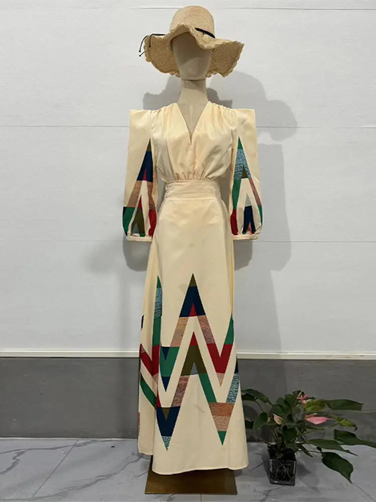 Vintage Printed Pleated Suit Dress Shoulder Pads Puff Sleeve V-neck Top High Waist Skirt Female New Spring Autumn Lady Suit Suit