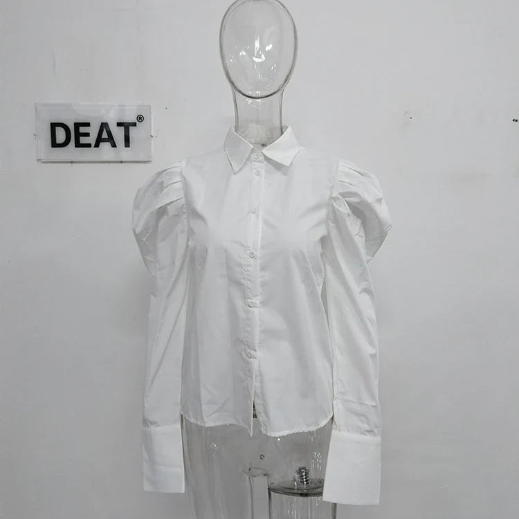 DEAT Fashion Women's Shirt Long Puff Sleeves Lapel Single Breasted White Cotton Straight Blouse Autumn New Tide 7AB1171 White