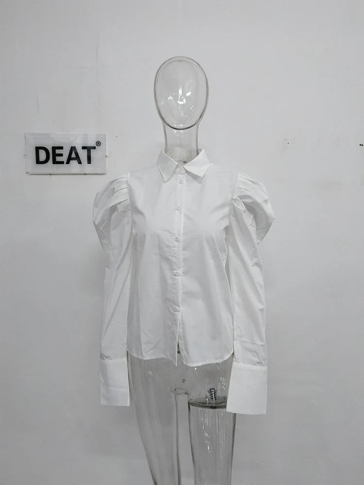 DEAT Fashion Women's Shirt Long Puff Sleeves Lapel Single Breasted White Cotton Straight Blouse Autumn New Tide 7AB1171 White