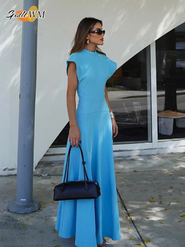 Chic Shoulder Pad Round Neck Solid Maxi Dress Women Elegant Sleeveless A-line Long Dresses 2024 Lady Fashion High Street Robes
