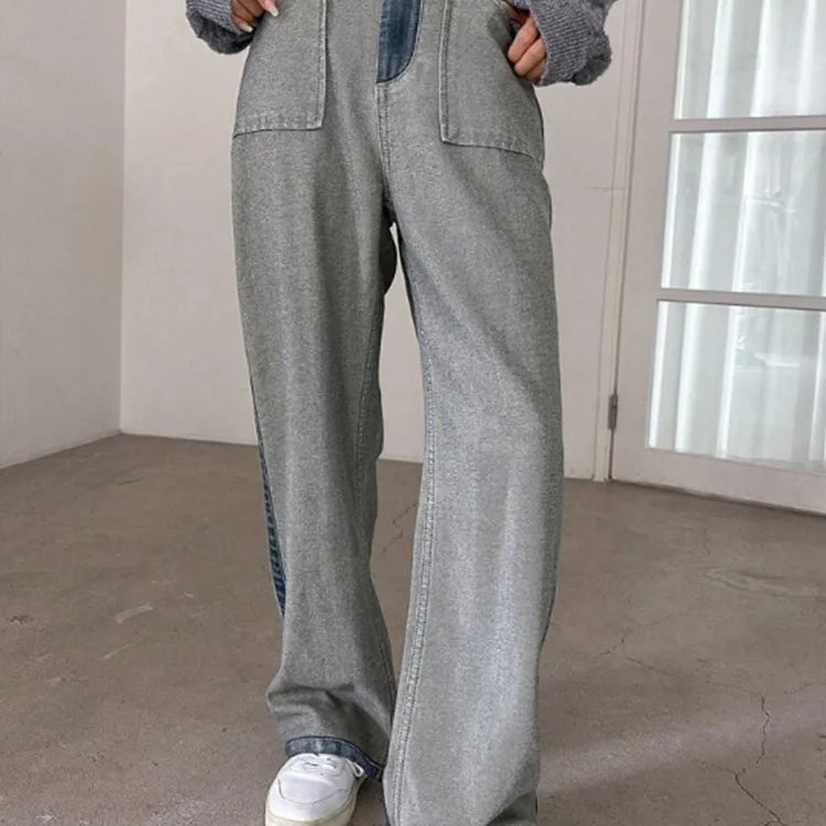 Casual Patchwork Denim Trousers For Women High Waist Hit Color Straight Wide Led Jeans Female Fashion Autumn Clothing New