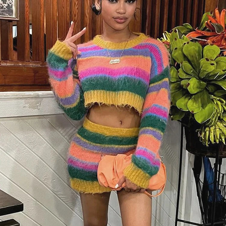 Weird Puss Fall Knit Women 2 Piece Set Tracksuit Casual Colorful Sweater Long Sleeve Crop Tops+Mini Skirts Matching Streetwear GN