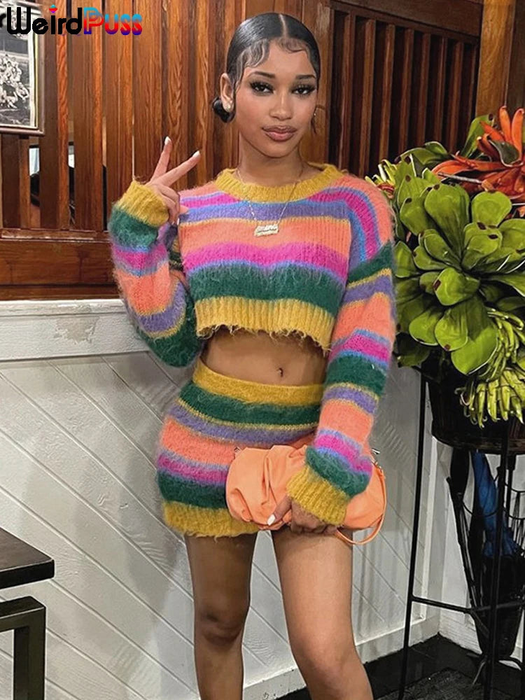 Weird Puss Fall Knit Women 2 Piece Set Tracksuit Casual Colorful Sweater Long Sleeve Crop Tops+Mini Skirts Matching Streetwear GN