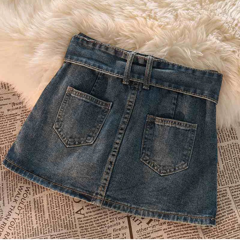Gidyq Vintage Denim Mini Skirts Women Summer Sexy Solid Belt Jeans Skirts Female Casual Ball Gown Korean Slim A Line Skirts