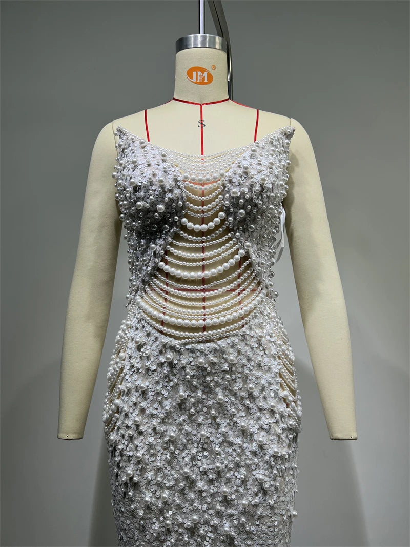 Luxury Pearl String Sexy See Through White Sequins Long Dress Elegant Woman Wedding Party Dress Red Carpet Goddess Vestido