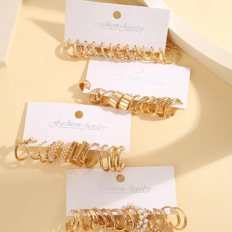 Gold Color Vintage Hoop Earrings Set for Women Boho Metal Circle Geometric Twist Pearl Dangle Earrings Trendy Jewelry Gifts