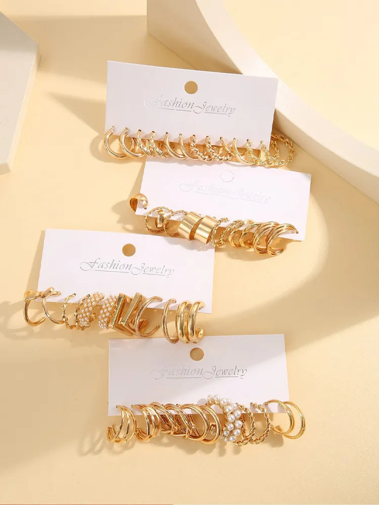 Gold Color Vintage Hoop Earrings Set for Women Boho Metal Circle Geometric Twist Pearl Dangle Earrings Trendy Jewelry Gifts