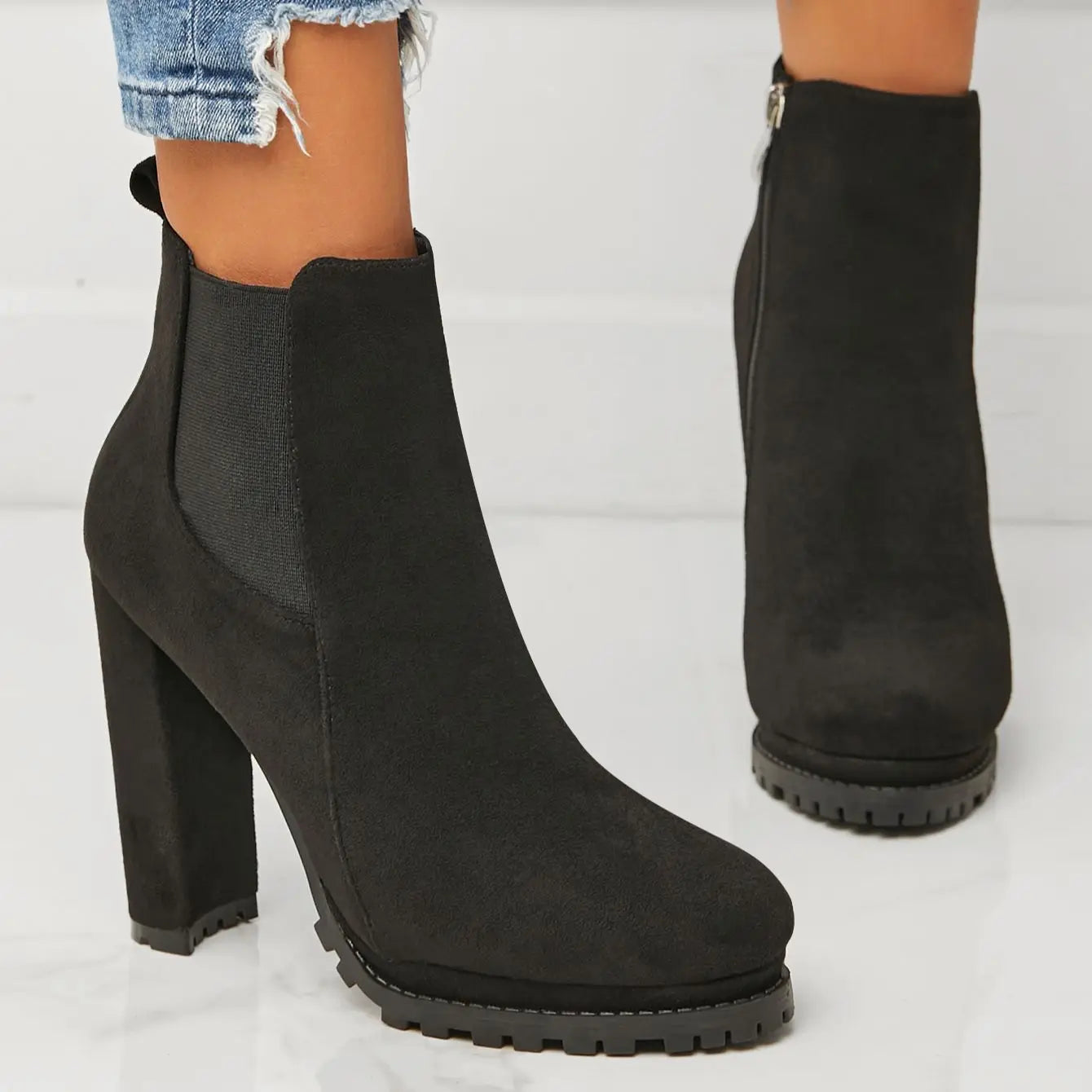 Autumn And Winter Women's Imitation Deer Skin Round Head Thick High Heeled Chelsea Boots, Women's Combat Boots black