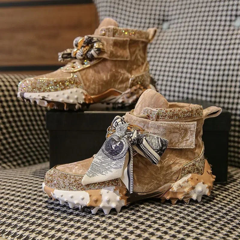 Hot Leather Casual Shoes Rhinestones High Top Sneakers Women Vulcanized Lace Up New Internet Celebrity All-Match Flat Thick Sole