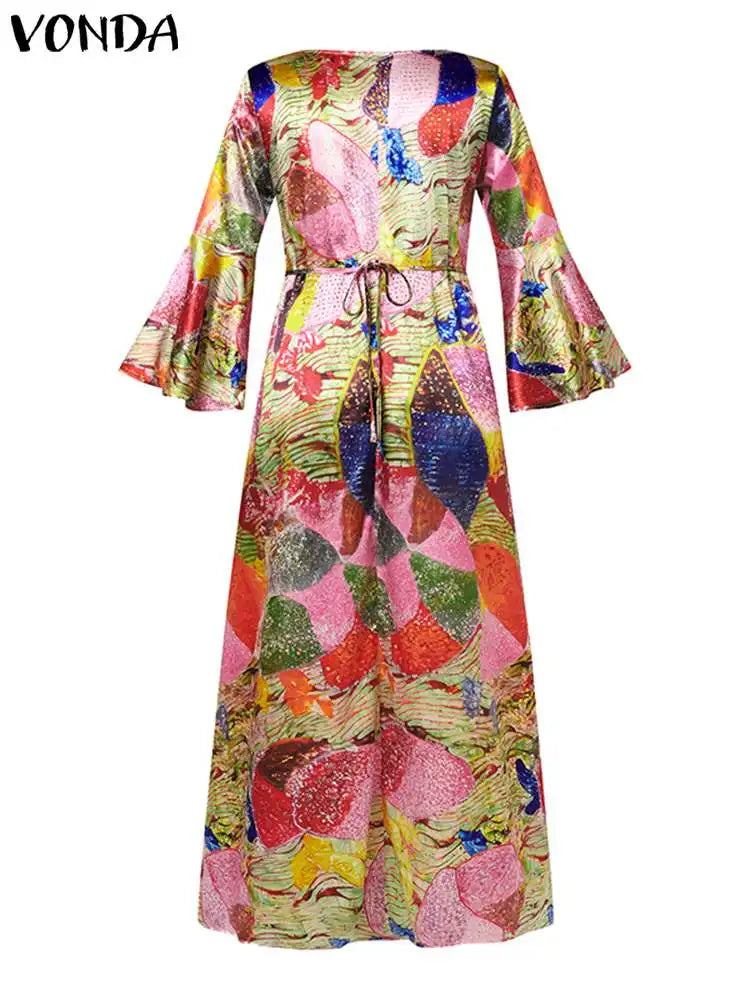 Plus Size 5XL Elegant Women Maxi Dress Autumn Long Flare Sleeve Casual Printed Elegant Long Shirt Sundress Party Vestidos