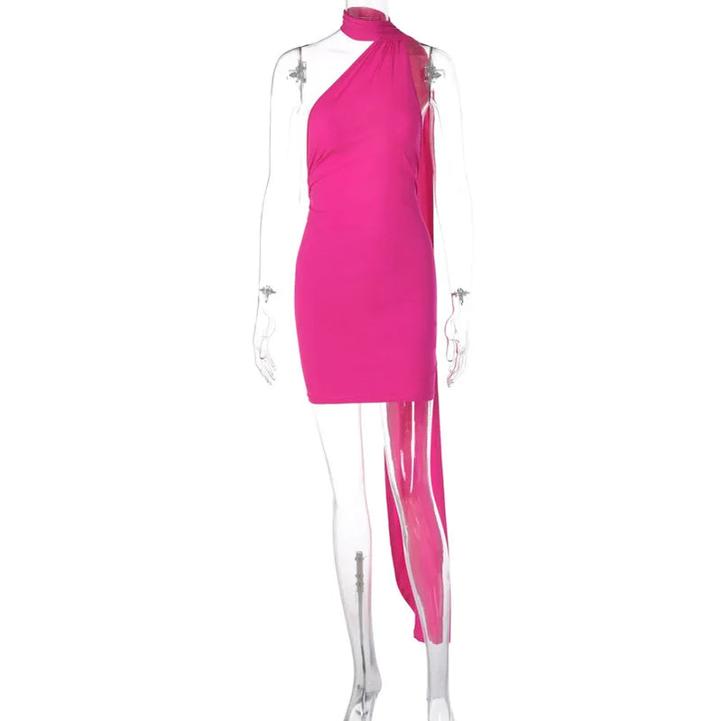 Tassel Backless Dress One Shoulder Mini Dress Hot Pink Bodycon Dress Sleeveless Club Outfits Evening Fashion Sexy Black Dress Rose Red