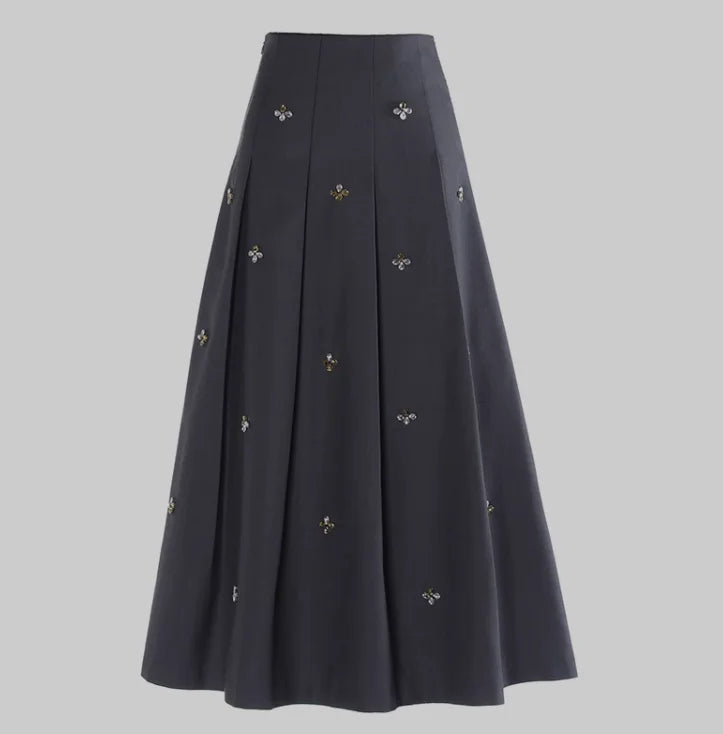Spring Women French Style Luxury Rhinestone Beading Lady High Quality Solid Long Pleated Skirt GRAY