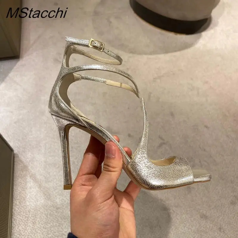 Women's Luxury Sandals Summer Pink Satin Open Toe Stiletto Sandals Concise High Heels Women Pumps Ankle Straps Designer Shoes