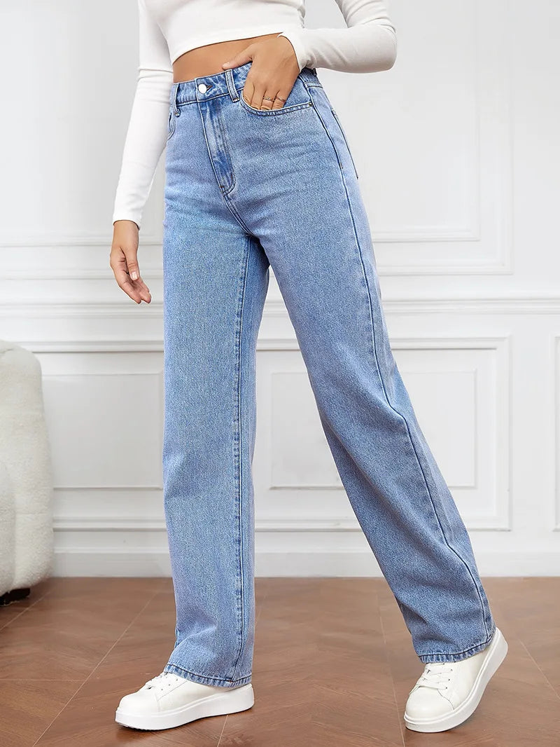 Elastic Washed Denim Fashion Straight Pants Jeans Women's Pants Light Blue