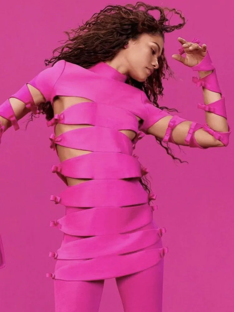 Autumn Fashion Women Sexy Long Sleeve Hollow Out Pink Bow Tie Mini Bandage Dress 2023 Elegant Evening Club Party Dress