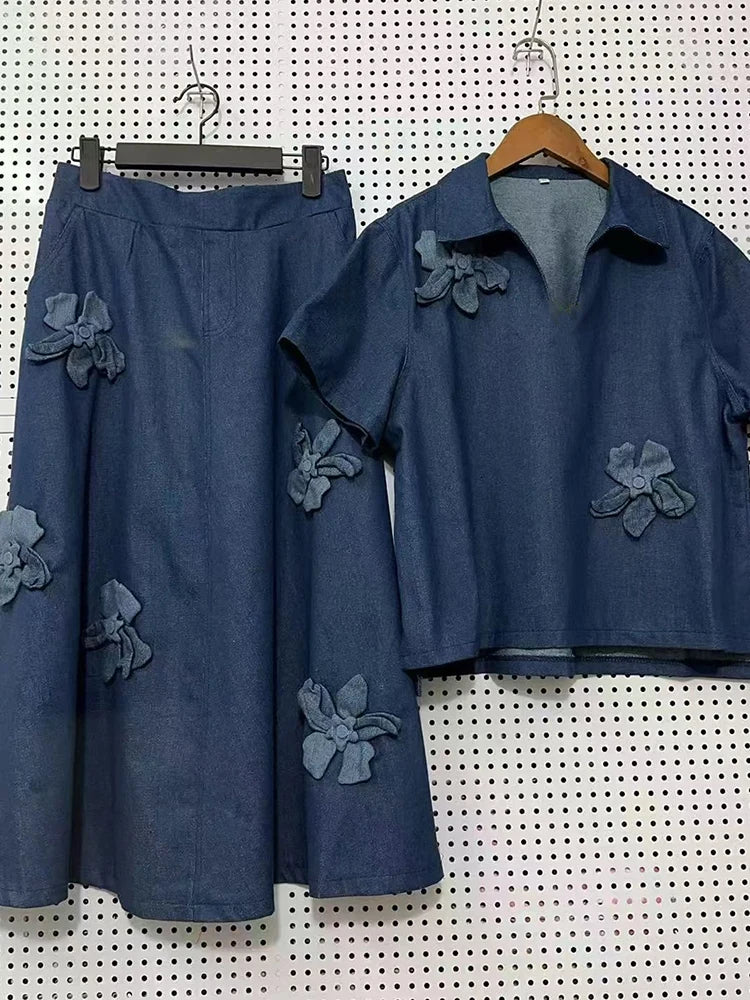 Spring 25 new denim women's suit three-dimensional flower lapel short-sleeved shirt+high waist A-shaped skirt two-piece suit