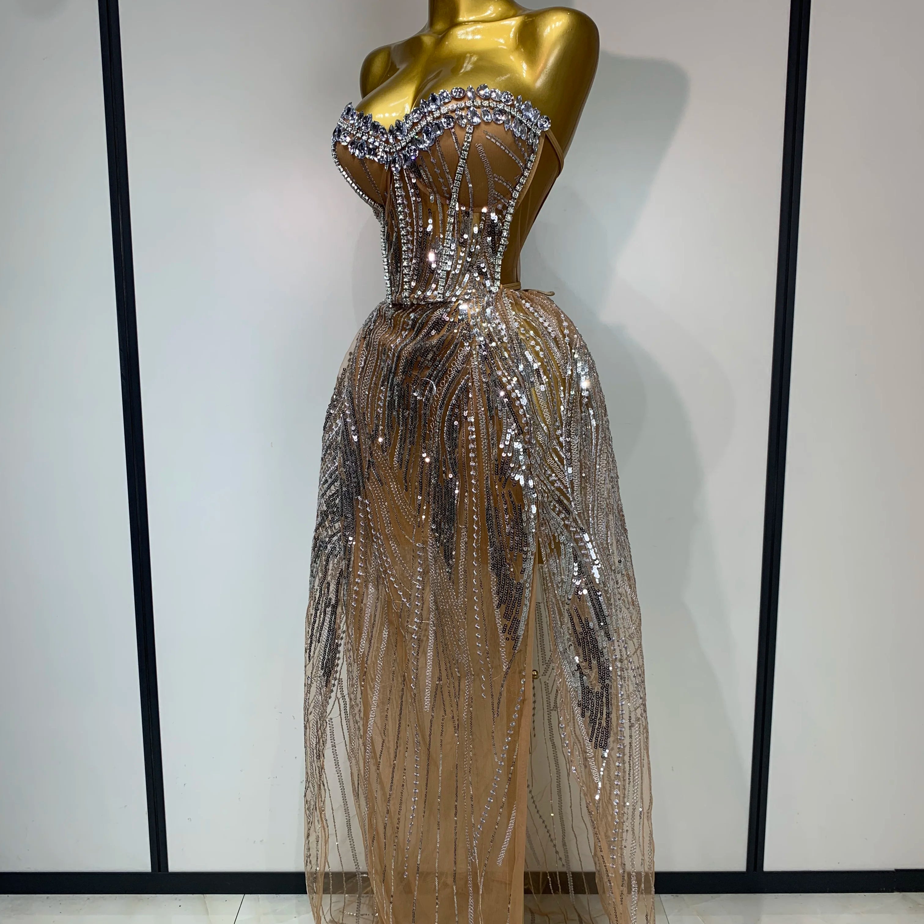 Women Sexy Strapless Mesh See Through Crystal Maxi Dress Evening Party Singer Stage Performance Costume Luxury Birthday Dress