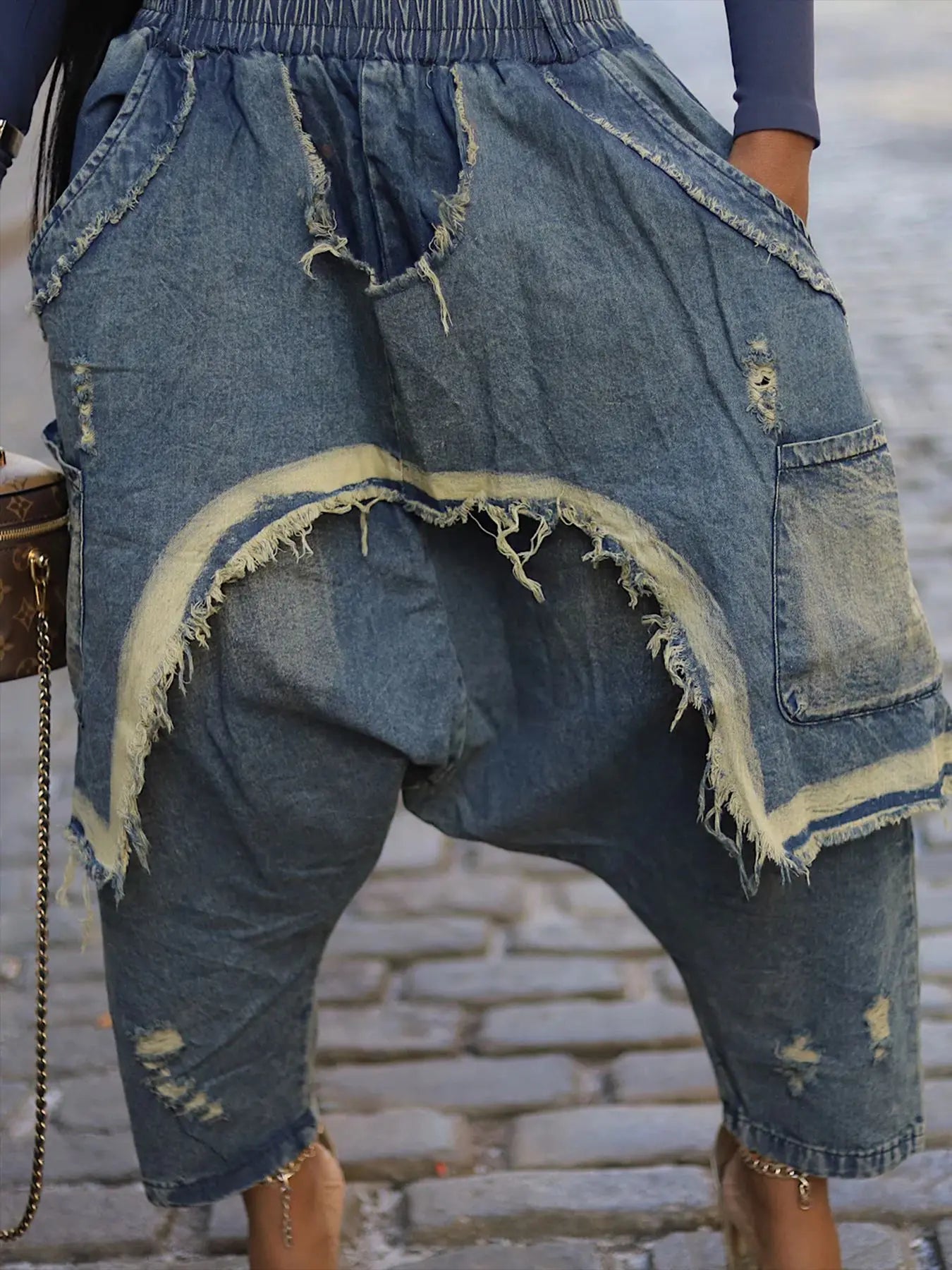 CM.YAYA Women Streetwear Ripped Out Hole Denim Pants 2025 Fall Autumn Loose Safari Style Cargo Harem Hip Hop Jeans