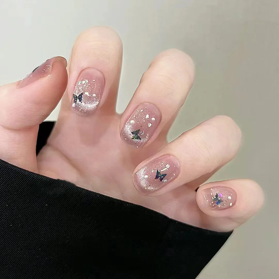 24Pcs Dark Black Stars Cat's Eye Press on Nails Set Summer Cute Wearing Short Fake Nail Patch Detachable Finished Nail Tips Art