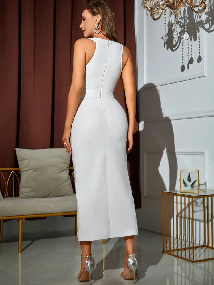 New Arrival Women Summer Sexy V Neck Hollow Out White Split Midi Bodycon Bandage Dress 2022 Elegant Evening Club Party Dress