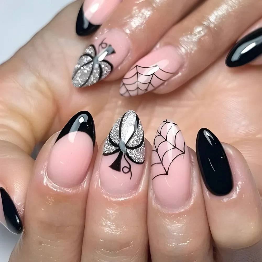 24 peças de unhas postiças de Halloween com desenhos de cabeça de amêndoa, unhas postiças de palhaço fofas, manicure francesa de cobertura total, pontas de pressão para meninas
