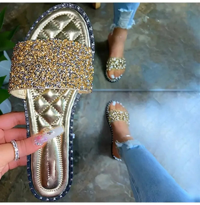 Women Crystal Slippers Ladies Bling Flats Female Fashion Outdoor Beach Shoes Female Footwear Women Summer Slides Plus Size Gold