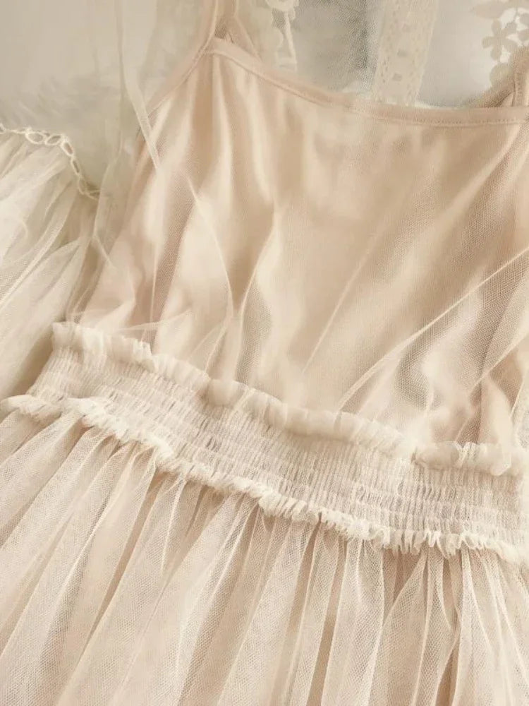 Women Party Lace Flower Dress Gauze Lantern Sleeve Voile Long Dress Female Retro Hook Princess Dress 2 Piece Set