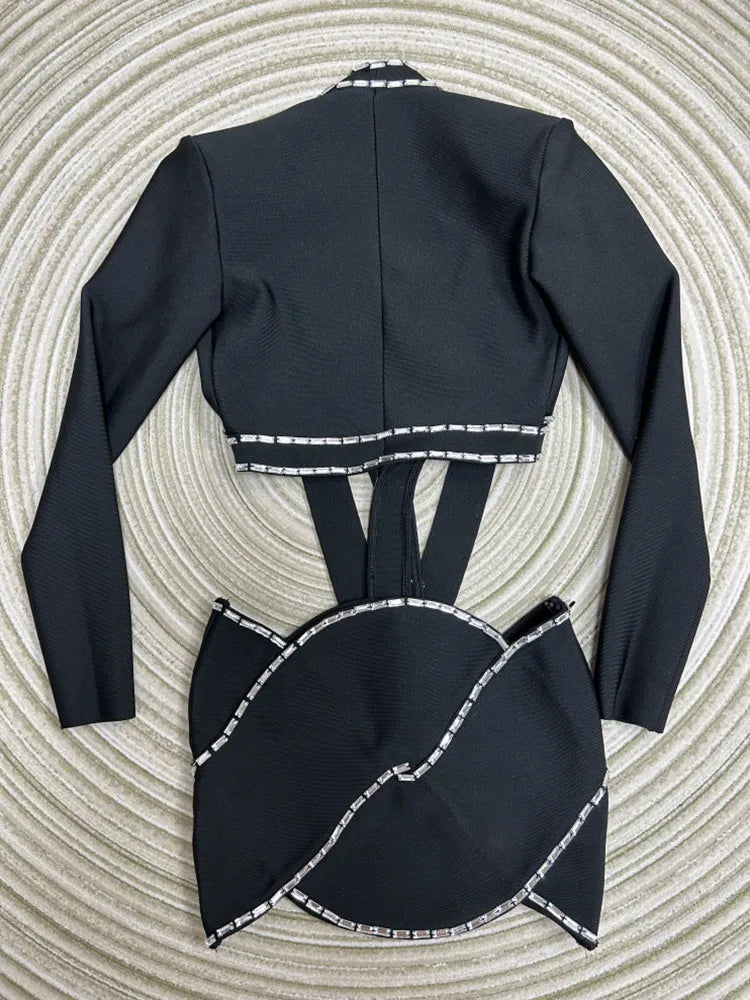 Women Long Sleeve Sexy Tops Bodycon Skirt Mini Set Rayon Bandage Fashion High Street Women's Set