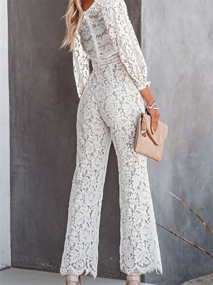 CHRONSTYLE Elegant Women Lace Wide Leg Pants Jumpsuits Solid Color Long Sleeve High Waist V Neck Floral Rompers Streetwear 2023