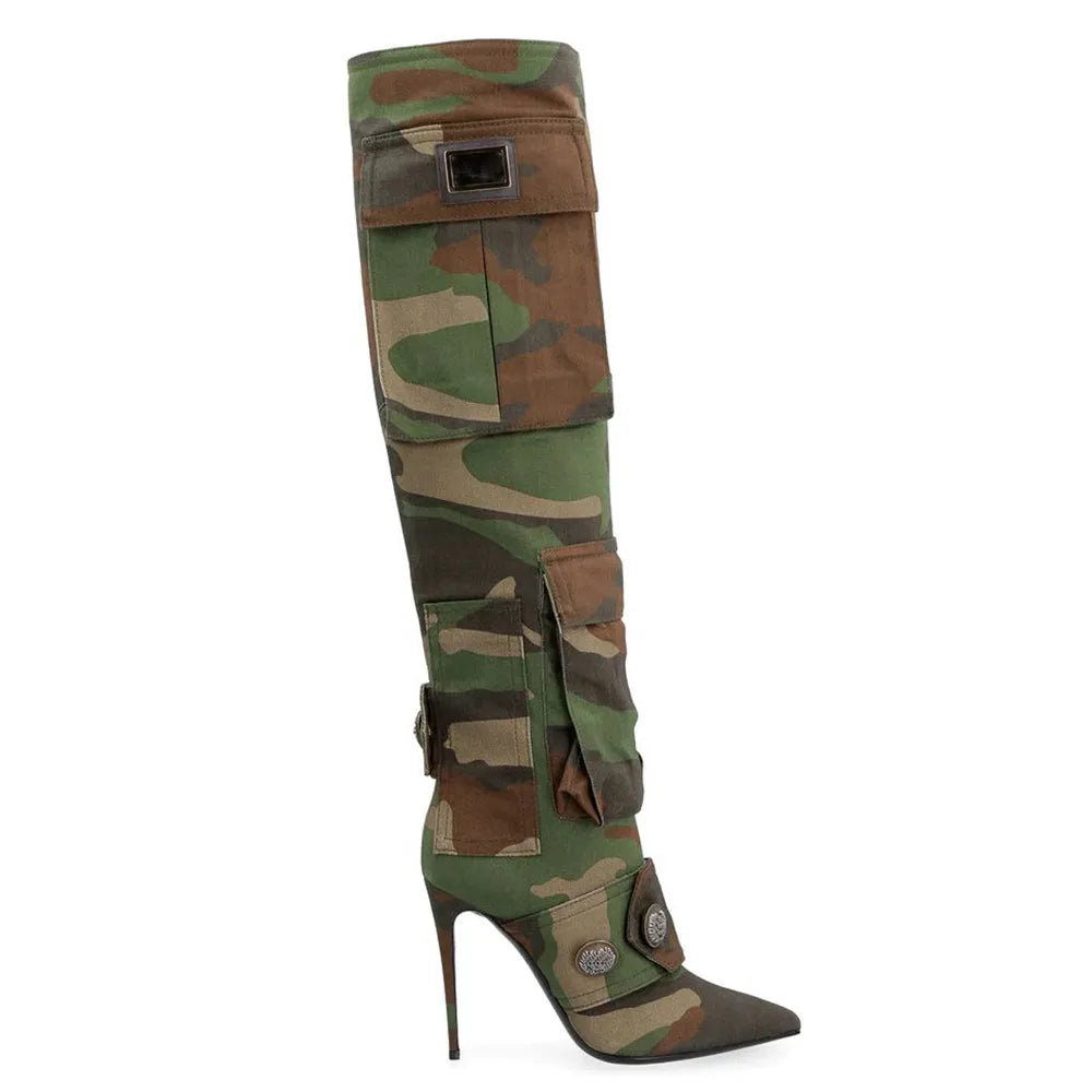 YJXKJY 2023 New Female Camouflage Bag Knee Length Boots Canvas Stiletto High Heel Buckle Pointed Toe Women‘s Big Size 43 Shoes army green