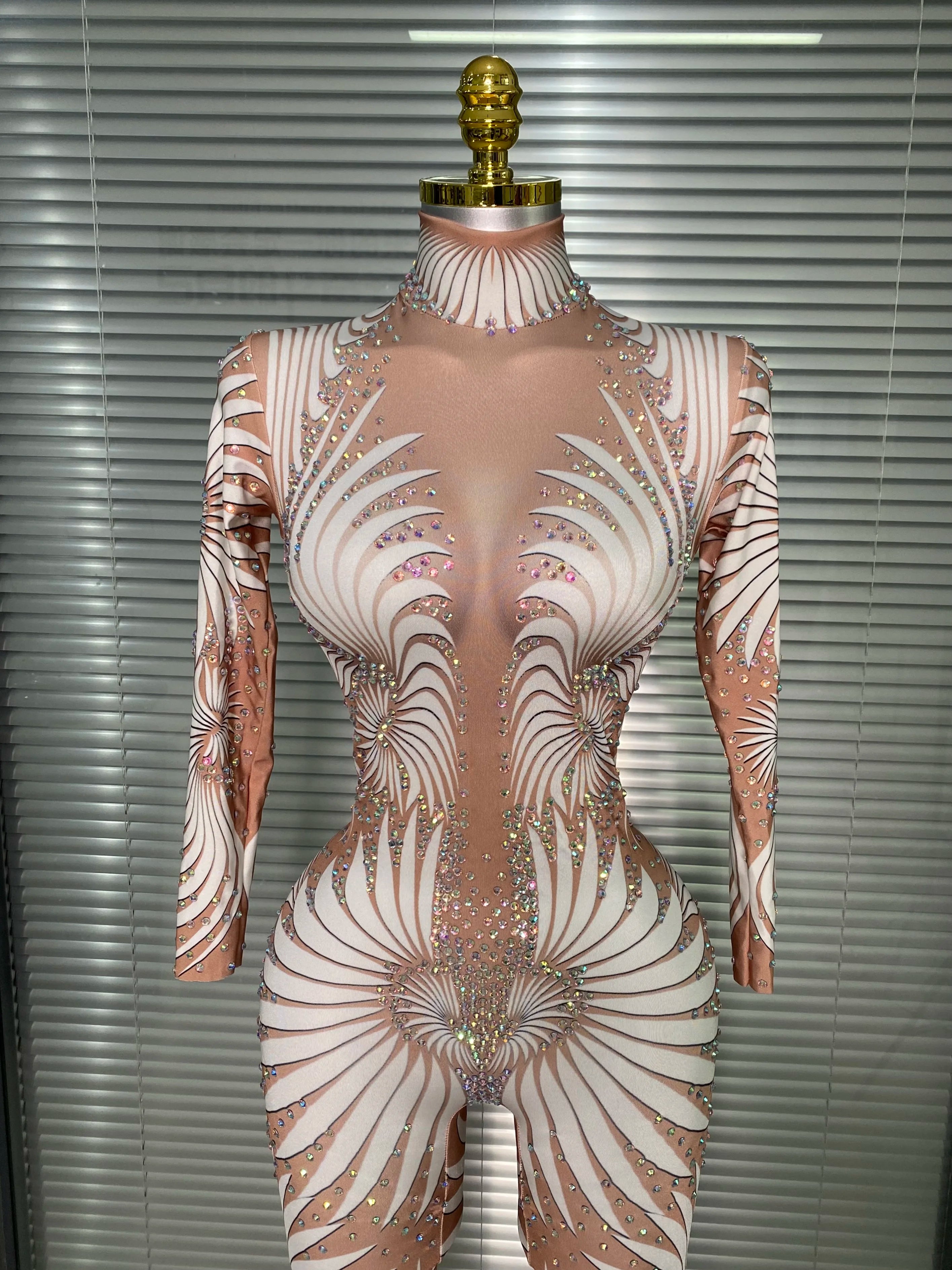 New 2025 Women Sexy Print Crystal Skin Bodycon Jumpsuit Celebrity Designer Stretchy Singer Dancer Night Club Rompers