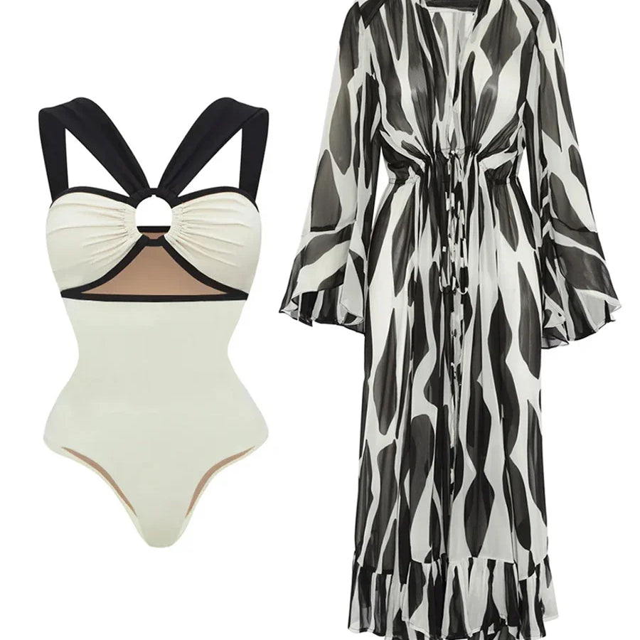 Milky White One-piece Swimwear Design Cut-out Stylish Elegant Swimsuit Body Fit Summer Vacation Seaside Swimsuit And Cover Up