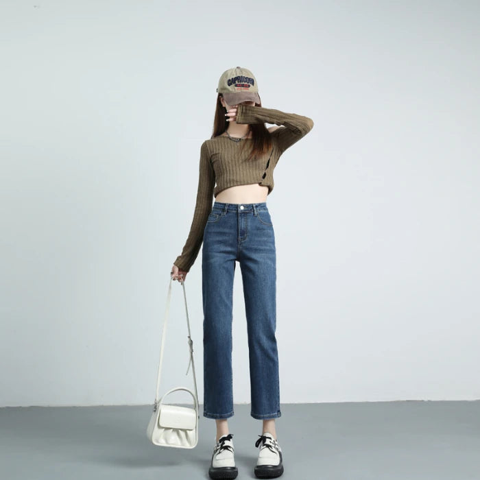 Straight Slim Fit Denim Jeans For Women High Waist French Elastic Classic Sweet Girl Design Long Pants RetroBlue FullLength