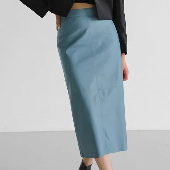 Khaki Wrap Skirts for Women Spring Elegant Simple PU Slit A Line Midi Skirts Black Sexy Slim High Waist Bodycon Skirt Blue