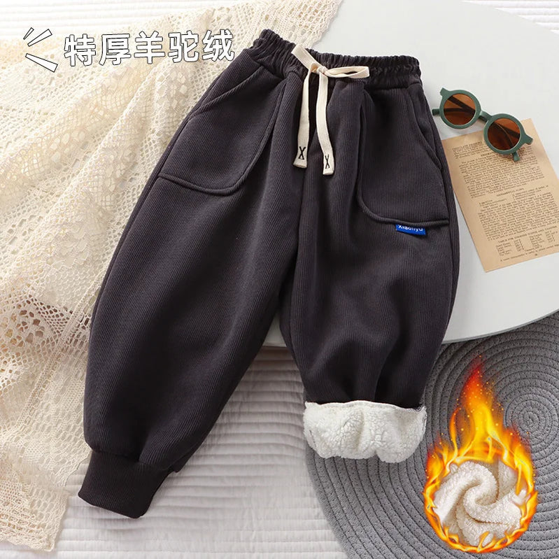 Kids Paded Pants Boys Girl Autumn Winter Plus Velvet Thick Warm Trousers Corduroy Outer Wear Sport Casual Pants Children Clothes
