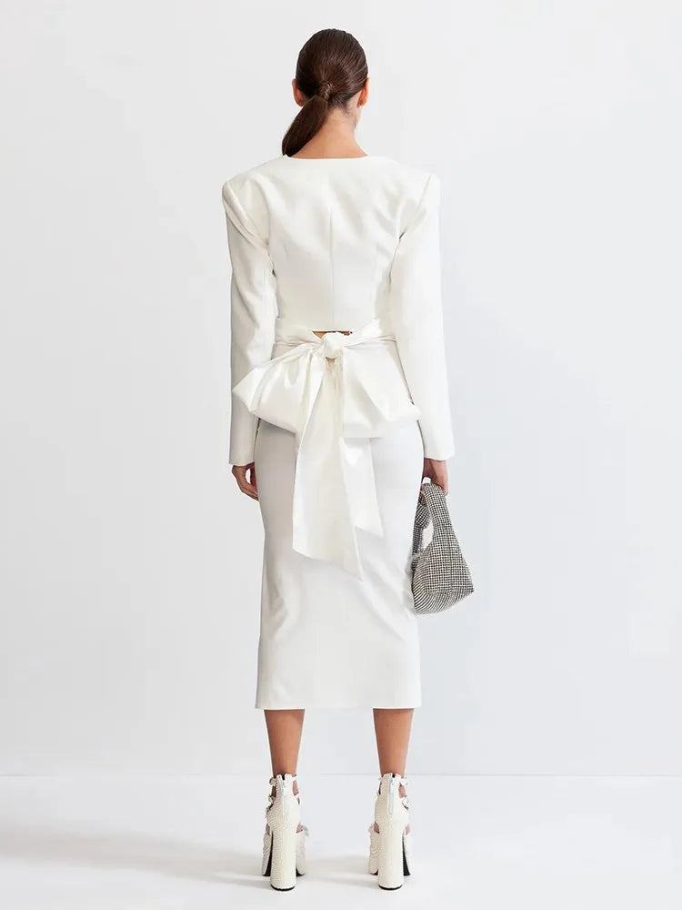 TWOTWINSTYLE Chic Two Piece Set For Women Round Neck Long Sleeve Top High Waist Spliced Appliques Skirt Elegant Sets Female New