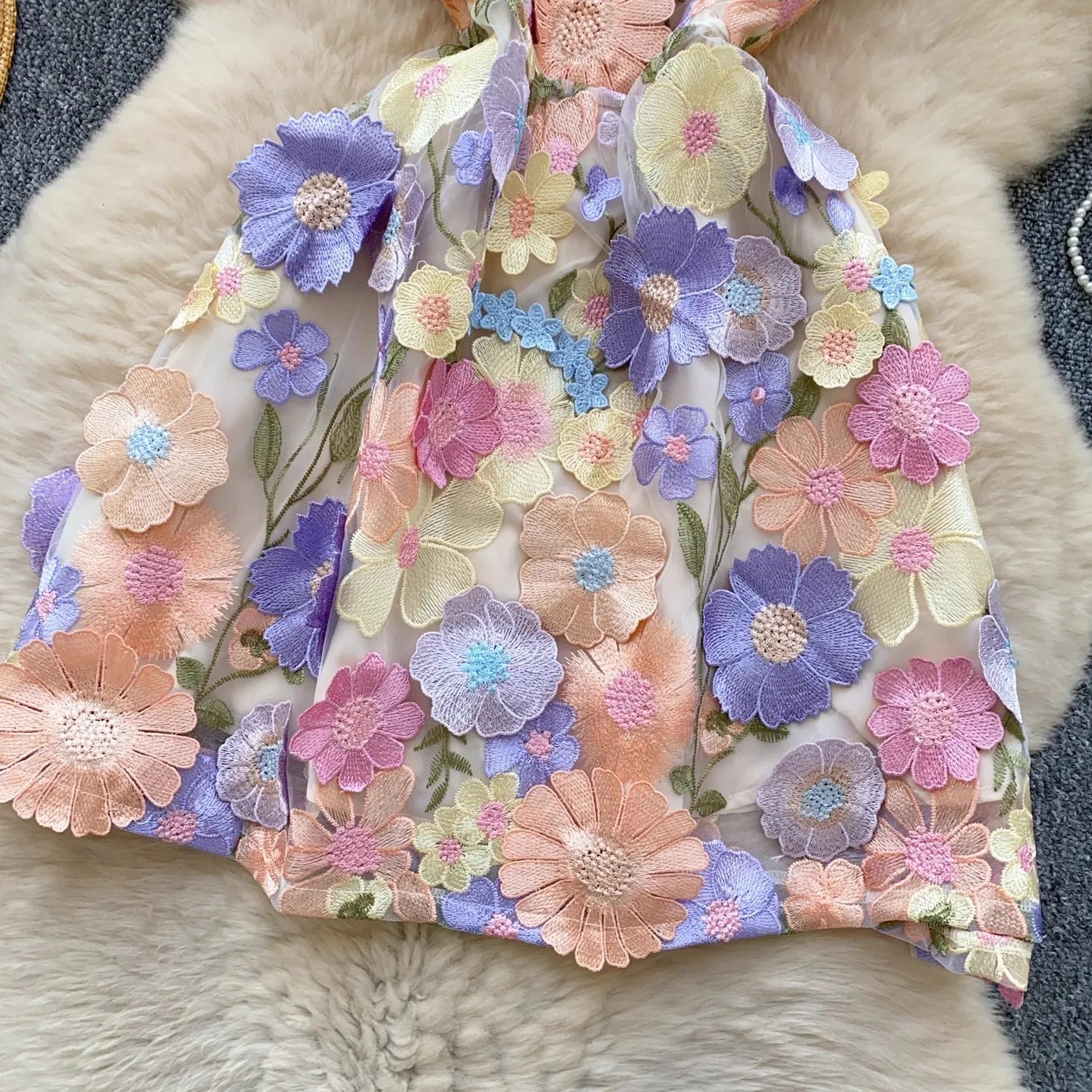 Summer Holiday Hollow Out Flower Embroidery Dress Women's Square Collar Sleeveless Mesh Flower Bohemain MIni Robe Vestidos