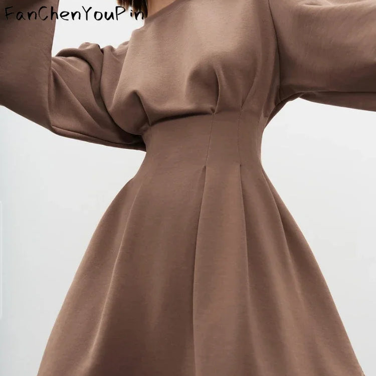 Spring Summer Women's Dress A-line Lantern Sleeves O-neck Short Skirt Vintage Slim Fit Pleated Temperament Dresses Female