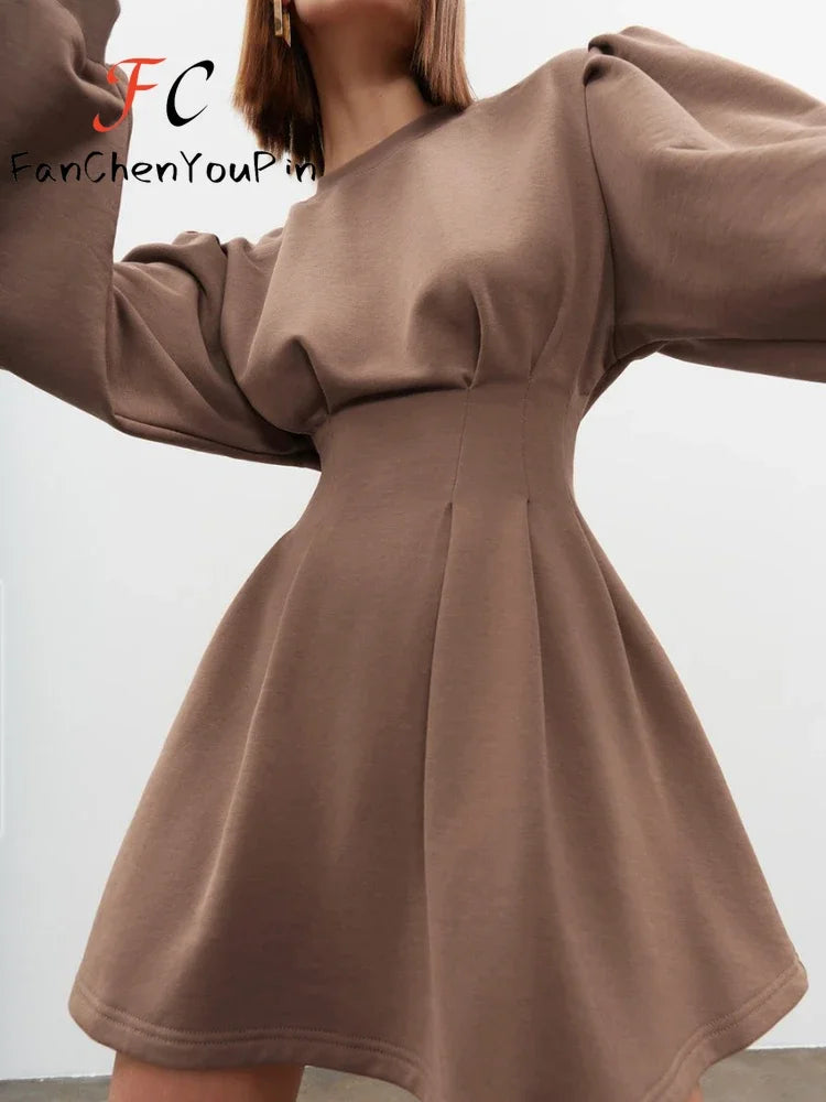 Spring Summer Women's Dress A-line Lantern Sleeves O-neck Short Skirt Vintage Slim Fit Pleated Temperament Dresses Female