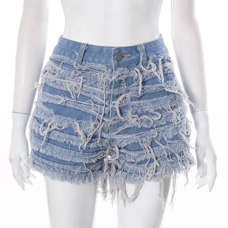 Women's Denim Skirt Do Old Solid Color Burrs Tassel Slim High Waist Short A-line Mini Skirt Autumn Fashion blue short pants