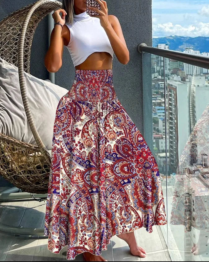 CM.YAYA Women Fashion Bandanna Paisley Big Swing High Waist Maxi Skirt Streetwear 2024 Boho Vintage Casual Long Skirts