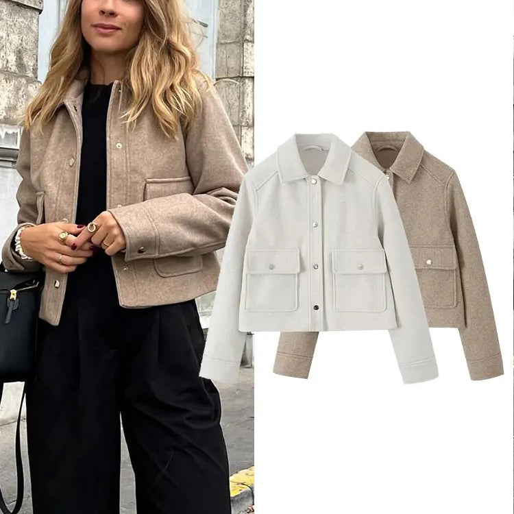 Women Fashion Woolen Coats Winter Trend Cotton White And Khaki Lapel Jackets Woman Warm Streetwear Mujer Casaco Y2k