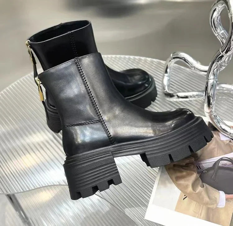 Brand Design Ankle Boots For Women Slip On Black Leather Platform Boots Women Chunky Heel Women Chelsea Boots Winter Shoes