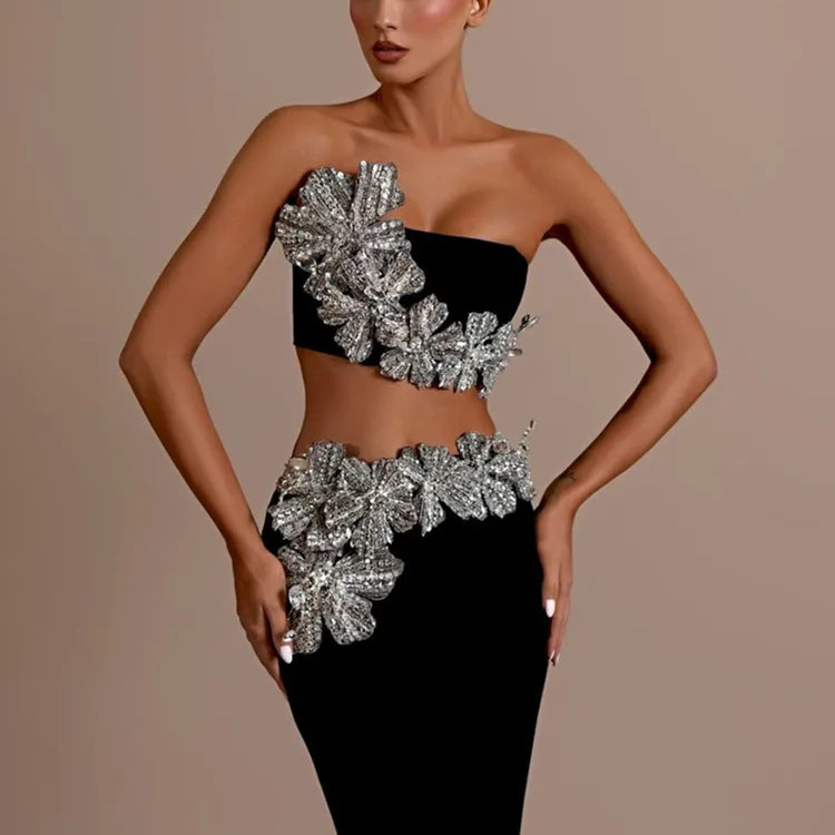 Conjunto feminino sexy sem alças com flor diamantes cristal preto maxi saia longa bandagem malha elegante roupa de festa para clube à noite