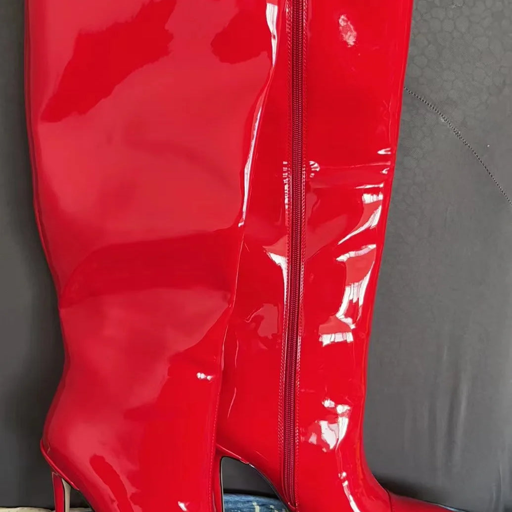 Thigh High Boots Candy Color Mirror Leather Women Knee High Boots High Heels Stilettos Runway Shoes for Women High Heel Boots