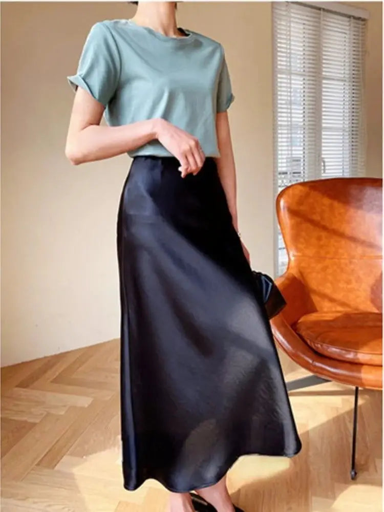 High Waisted Satin Long Skirts for Women Spring/Summer New Women's Skirt A-line Fashion Elegant Slim Fit Grey Black Skirt black
