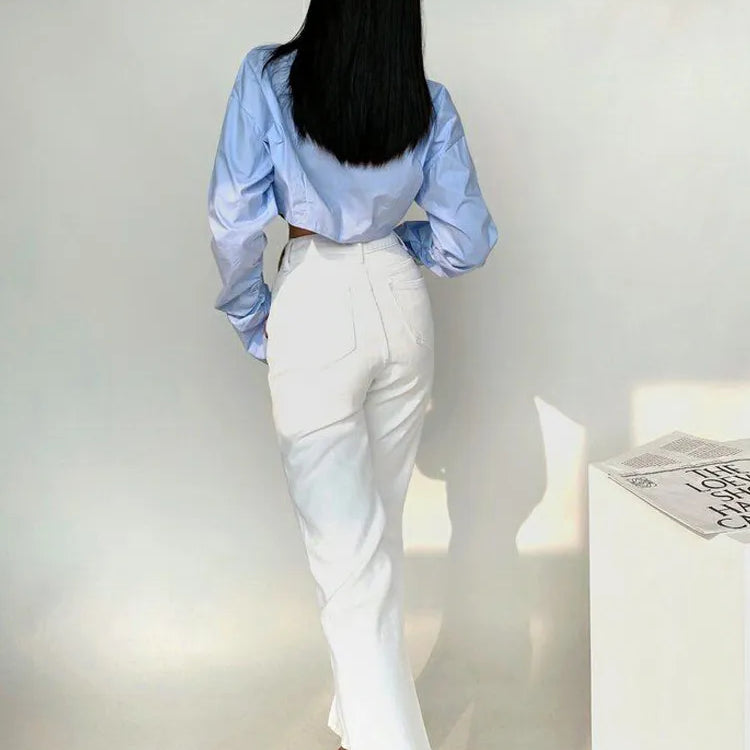 Spring Korean Style Long Sleeve White Shirt Women Sexy Button Ladies Crop Tops Blouse Street New In Female Clothing