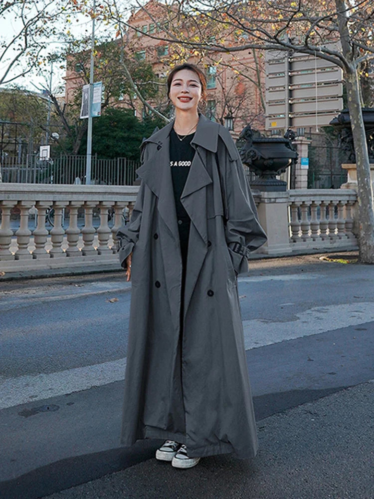 Spring Autumn Extra Long Flowy Oversized Casual Trench Coat for Women Belt Double Breasted Loose Korean Fashion 2022 grey