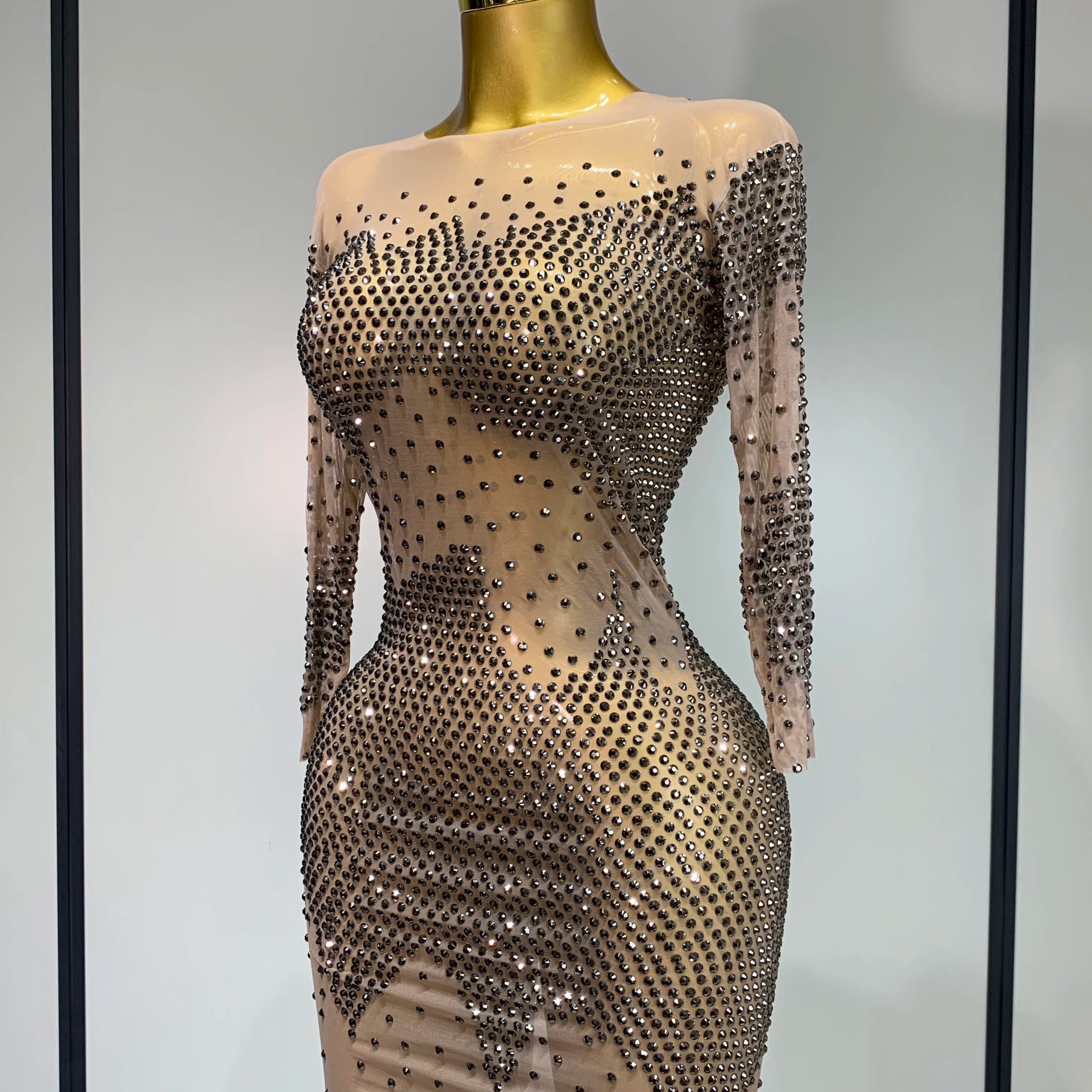 Luxury Birthday Rhinestones Half Sleeve Transparent Mini Dress Women 2025 Sexy Mesh Stretch Performance Celebrity Stage Wear